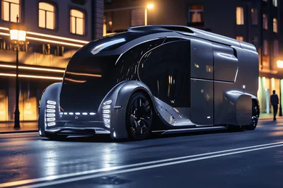 Futuristic Autonomous Electric Van Driving Through City Street