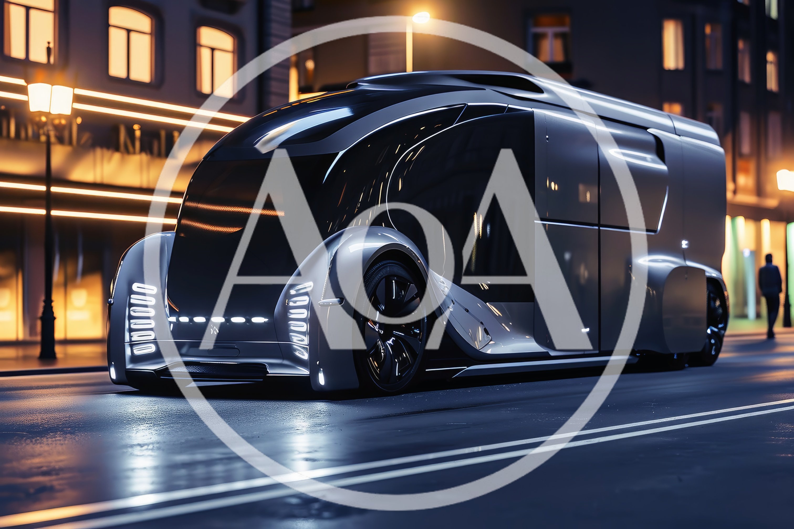 Futuristic Autonomous Electric Van Driving Through City Street