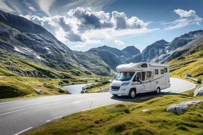 White Motorhome Driving Through Scenic Mountain Pass