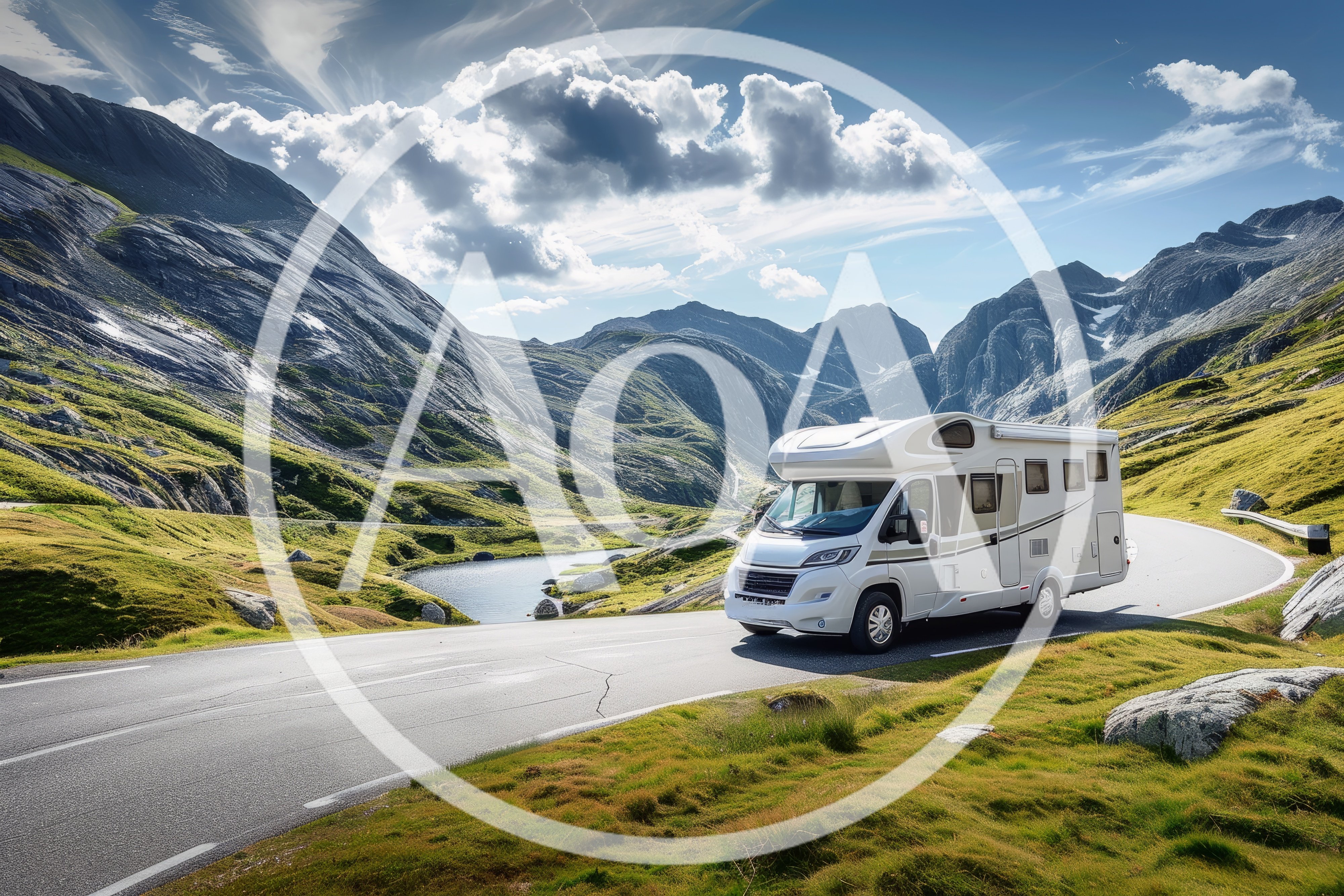 White Motorhome Driving Through Scenic Mountain Pass