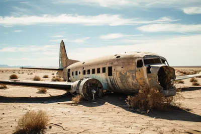 Abandoned Vintage Airplane Wreckage In Desert Landscape