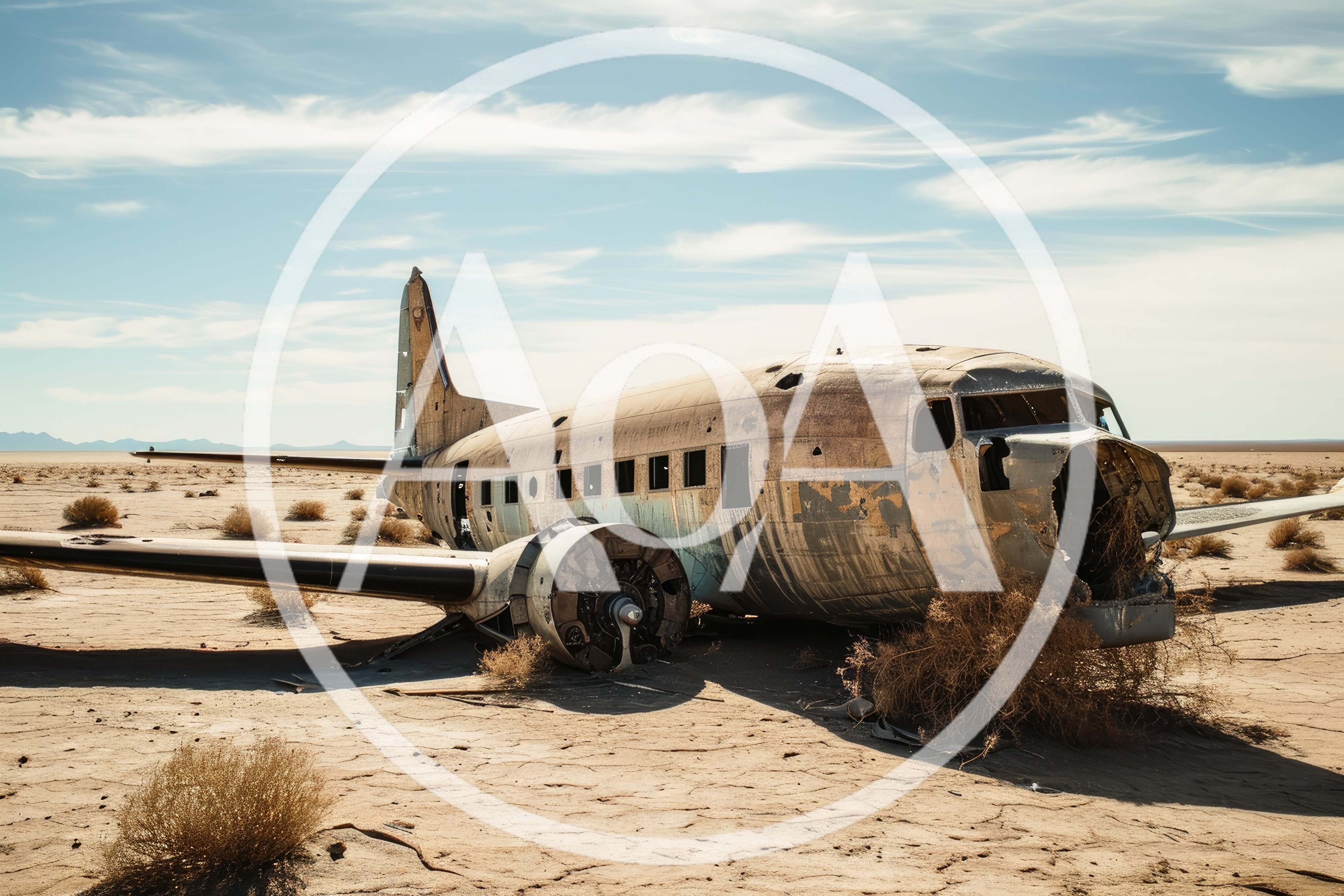 Abandoned Vintage Airplane Wreckage In Desert Landscape