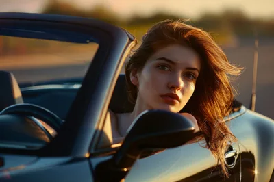 Young Woman Driving A Convertible Car At Sunset