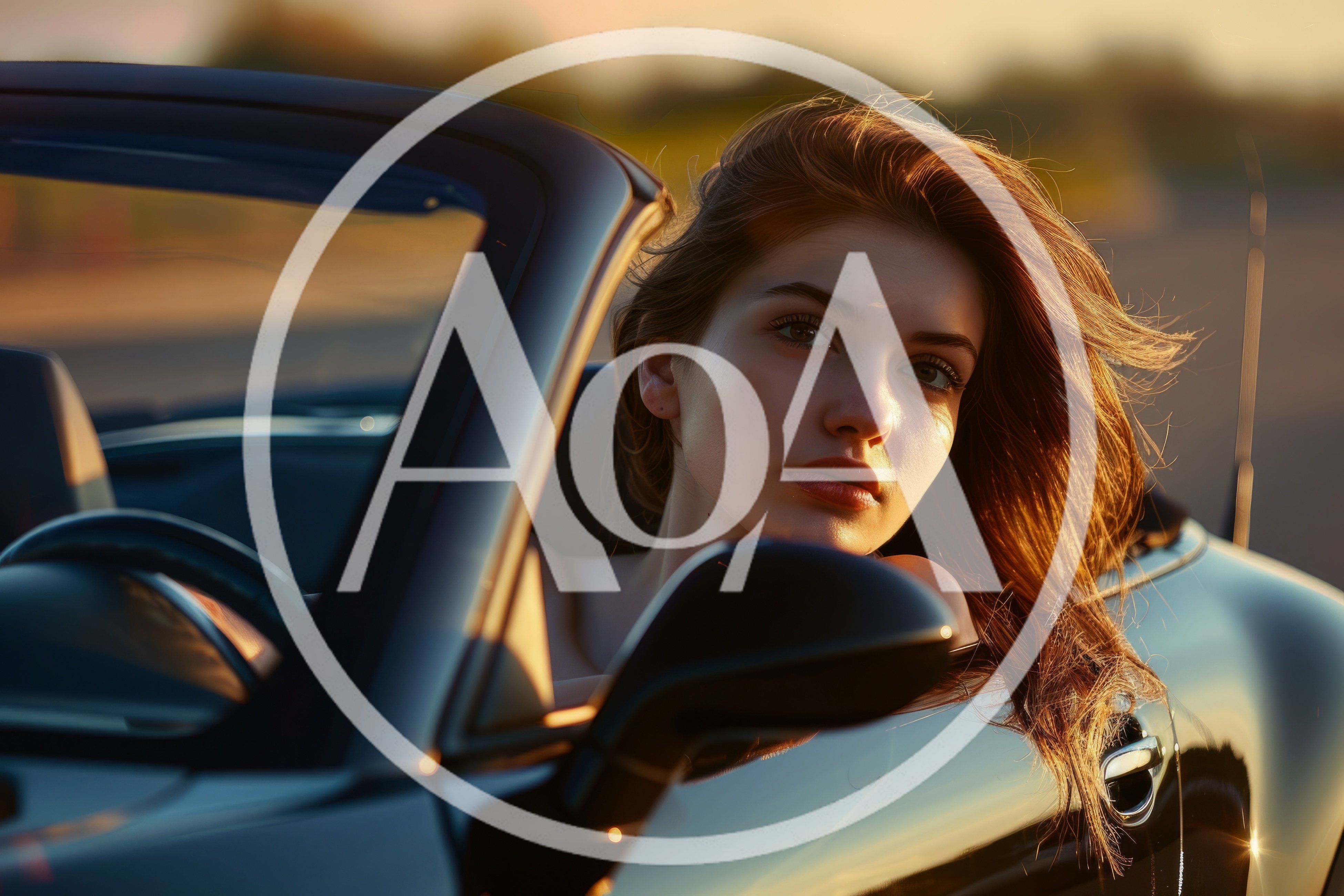 Young Woman Driving A Convertible Car At Sunset