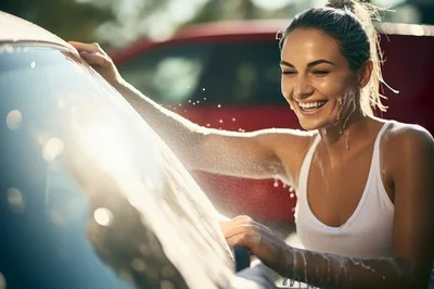 Young Woman Washing A Car Outdoors