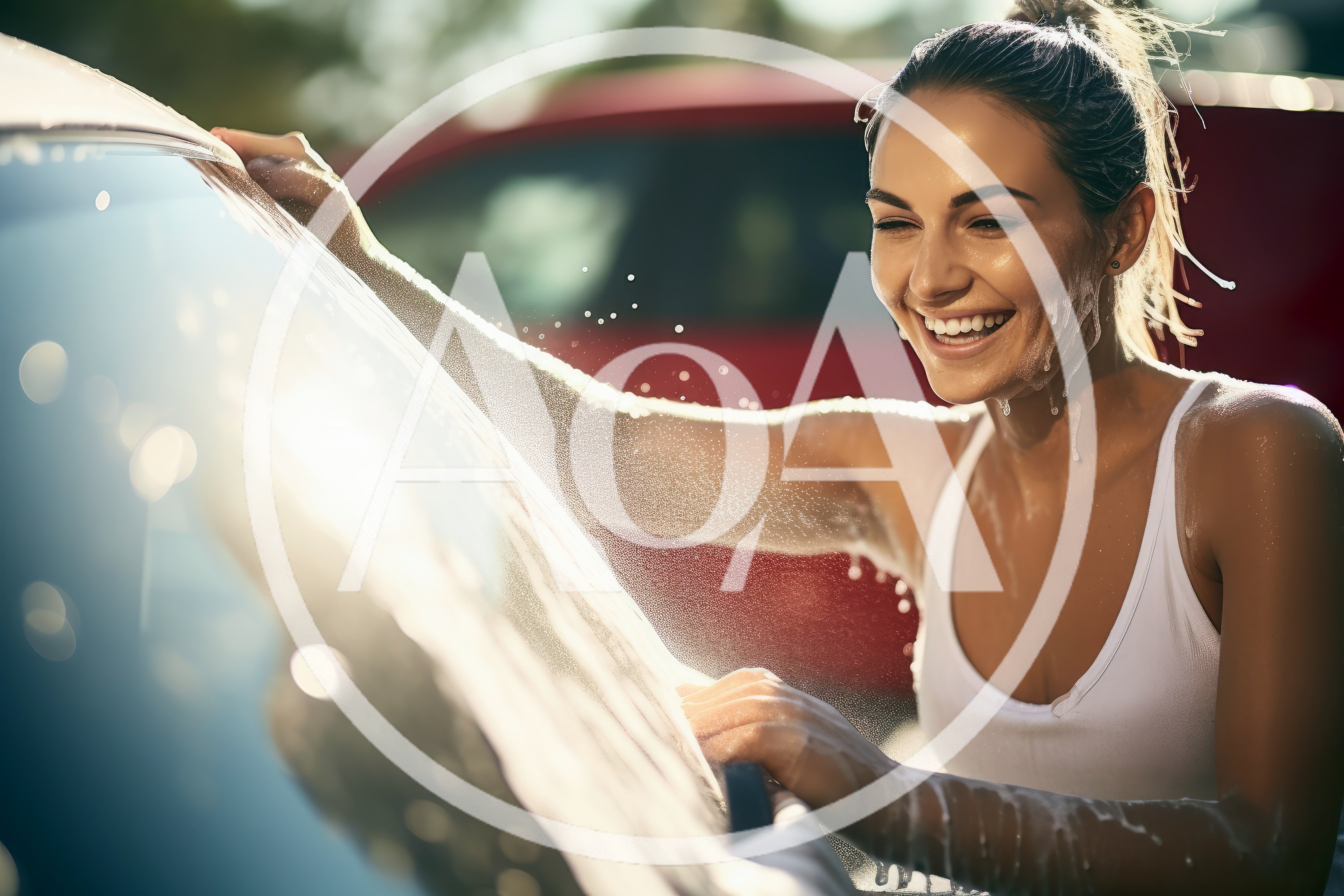 Young Woman Washing A Car Outdoors