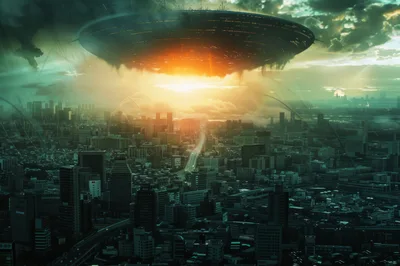 Giant Alien Spaceship Hovering Over Futuristic Cityscape