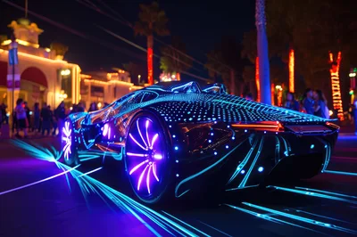 Futuristic Neon Sports Car Driving Through City Street