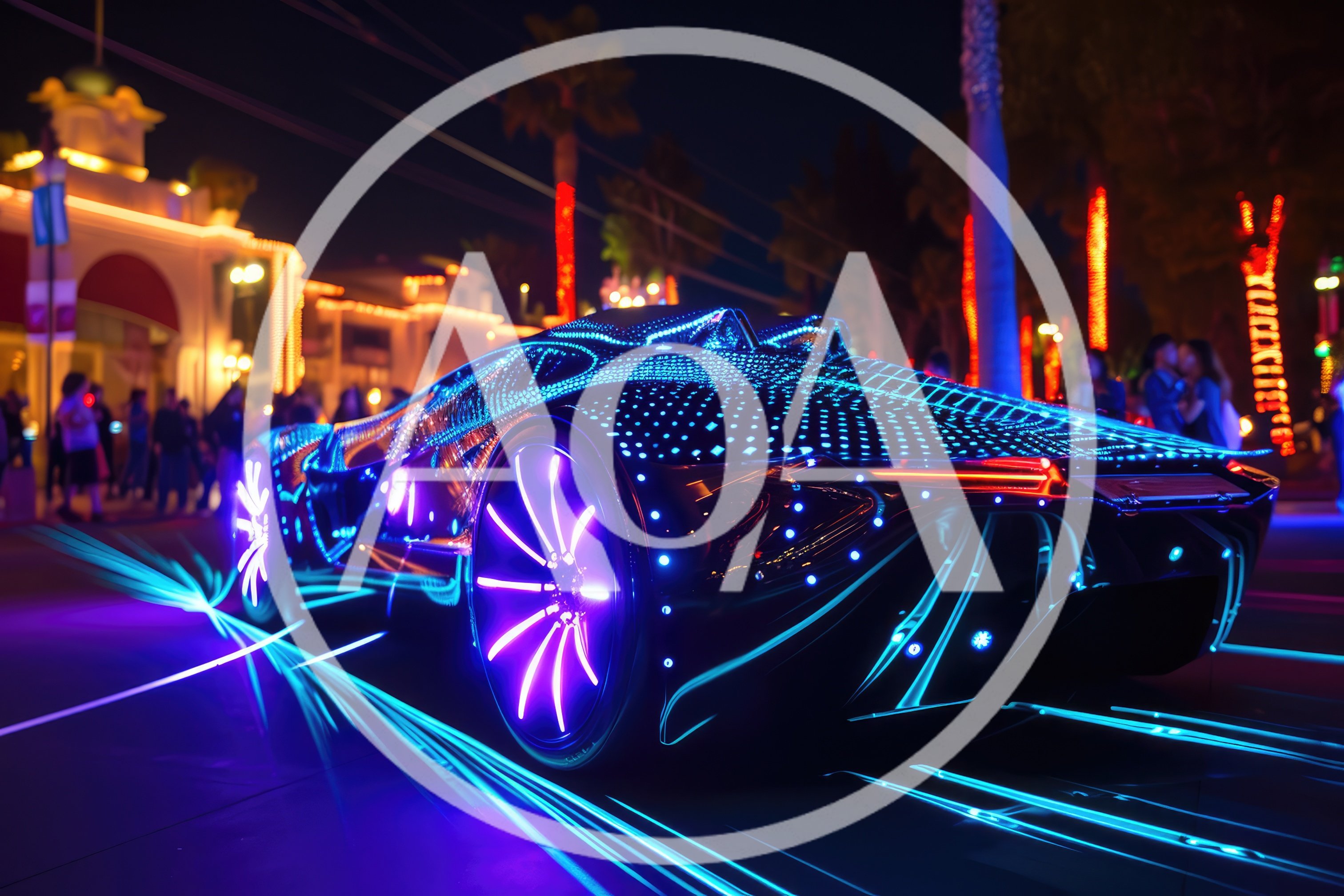 Futuristic Neon Sports Car Driving Through City Street