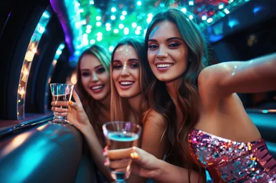 Three Young Women Celebrating In A Limousine