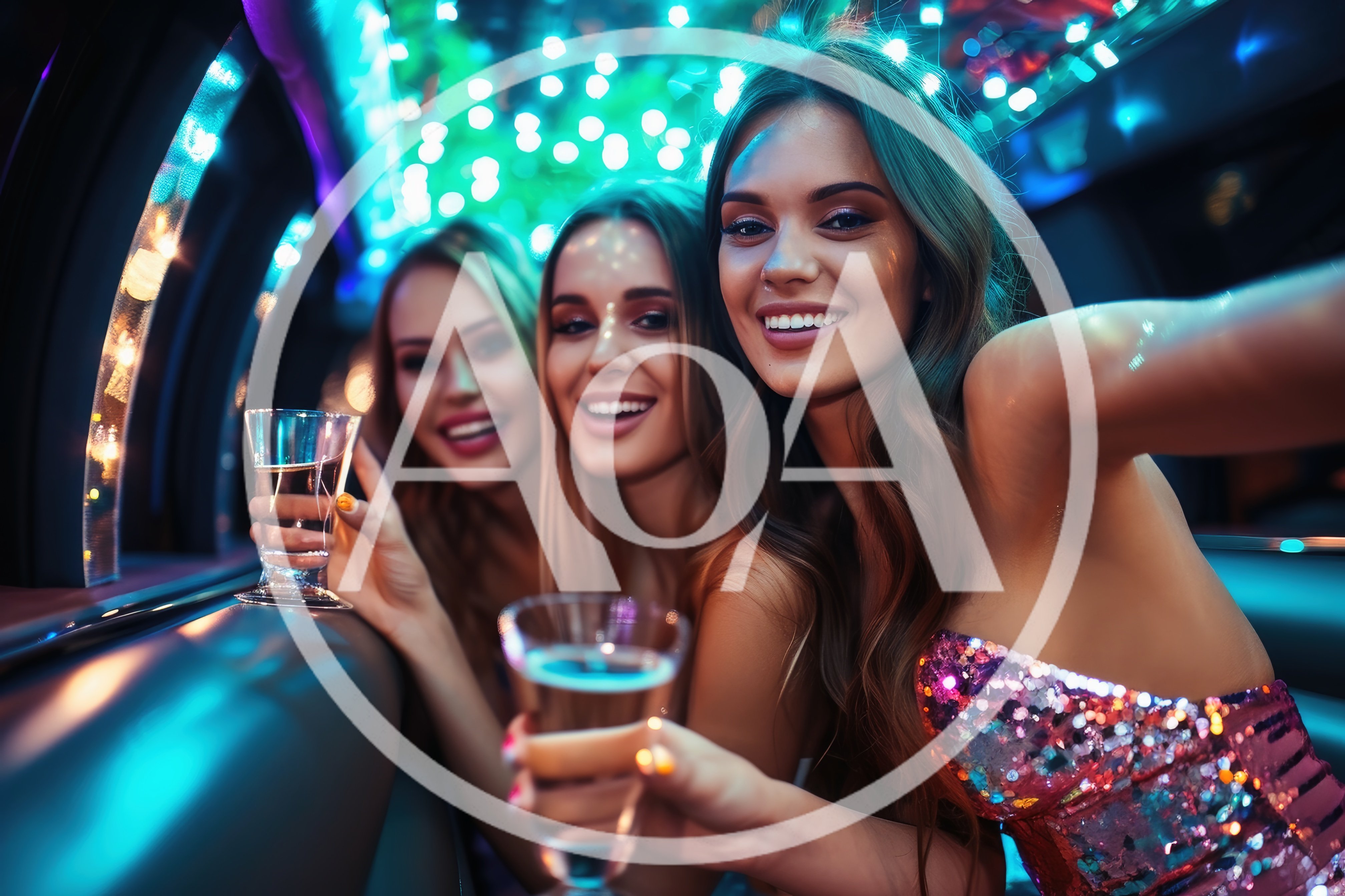 Three Young Women Celebrating In A Limousine