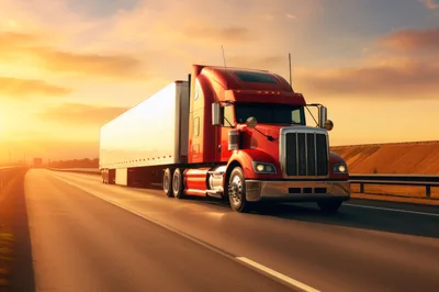 Red Semi Truck Driving On Highway At Sunset