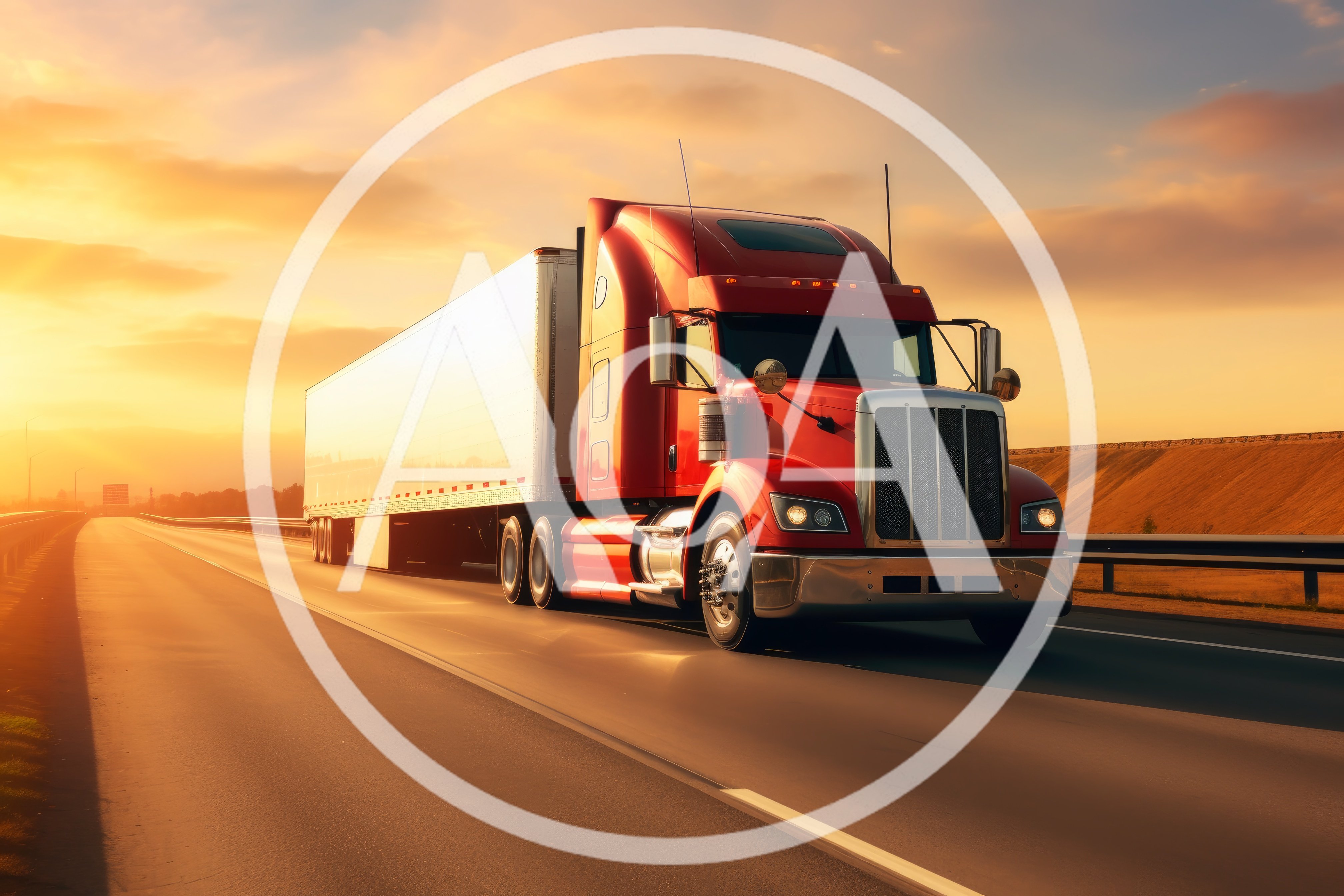 Red Semi Truck Driving On Highway At Sunset