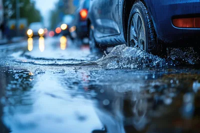 Car Driving Through Deep Puddle On Rainy City Street