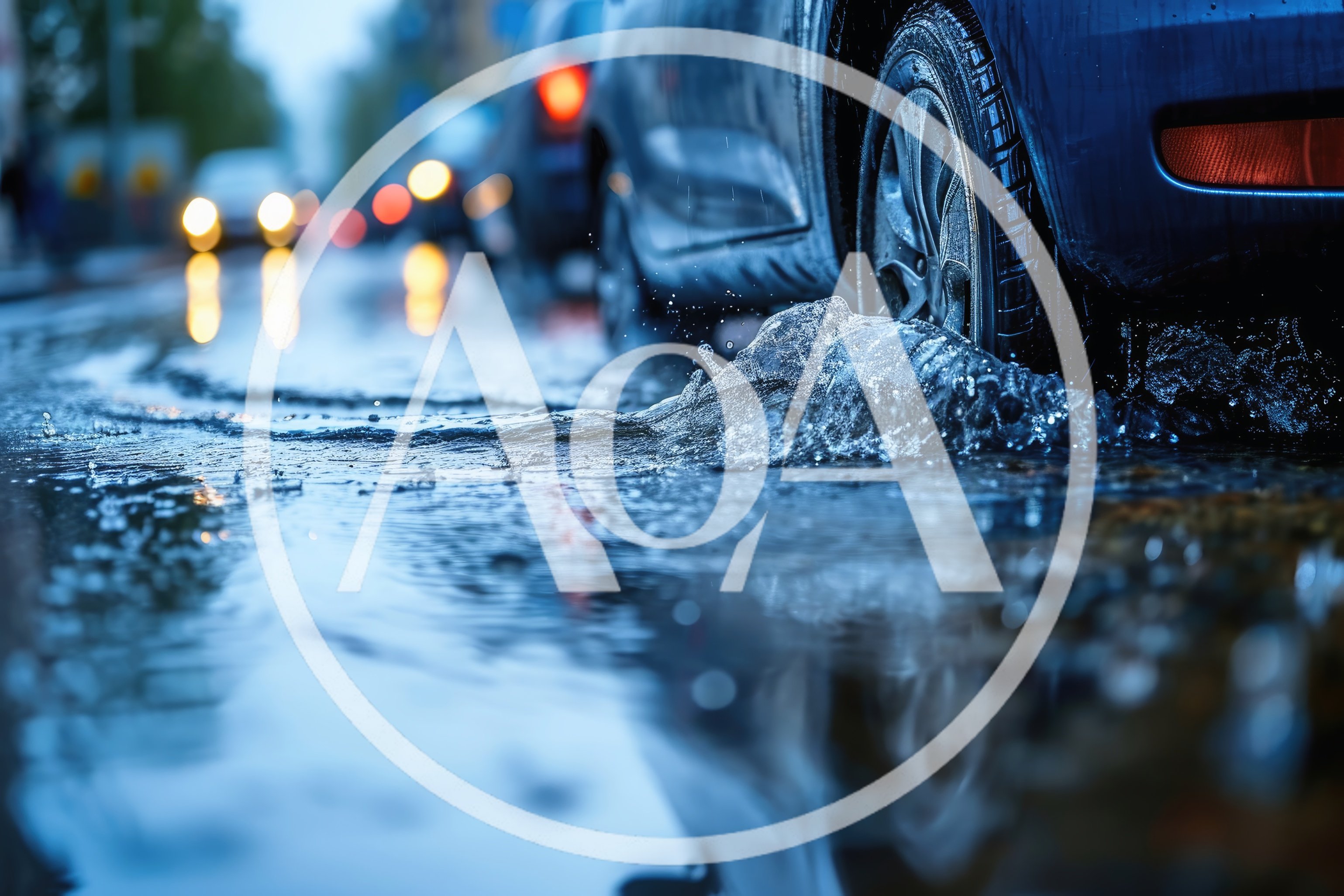 Car Driving Through Deep Puddle On Rainy City Street