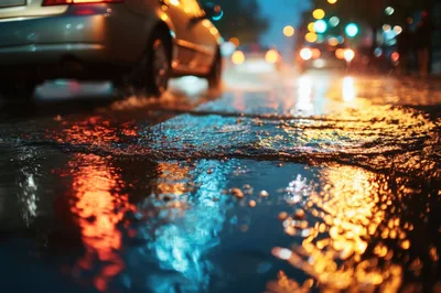Car Driving Through Rain On City Street At Night