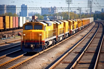 Yellow Freight Train Moving Along Industrial Railway Tracks