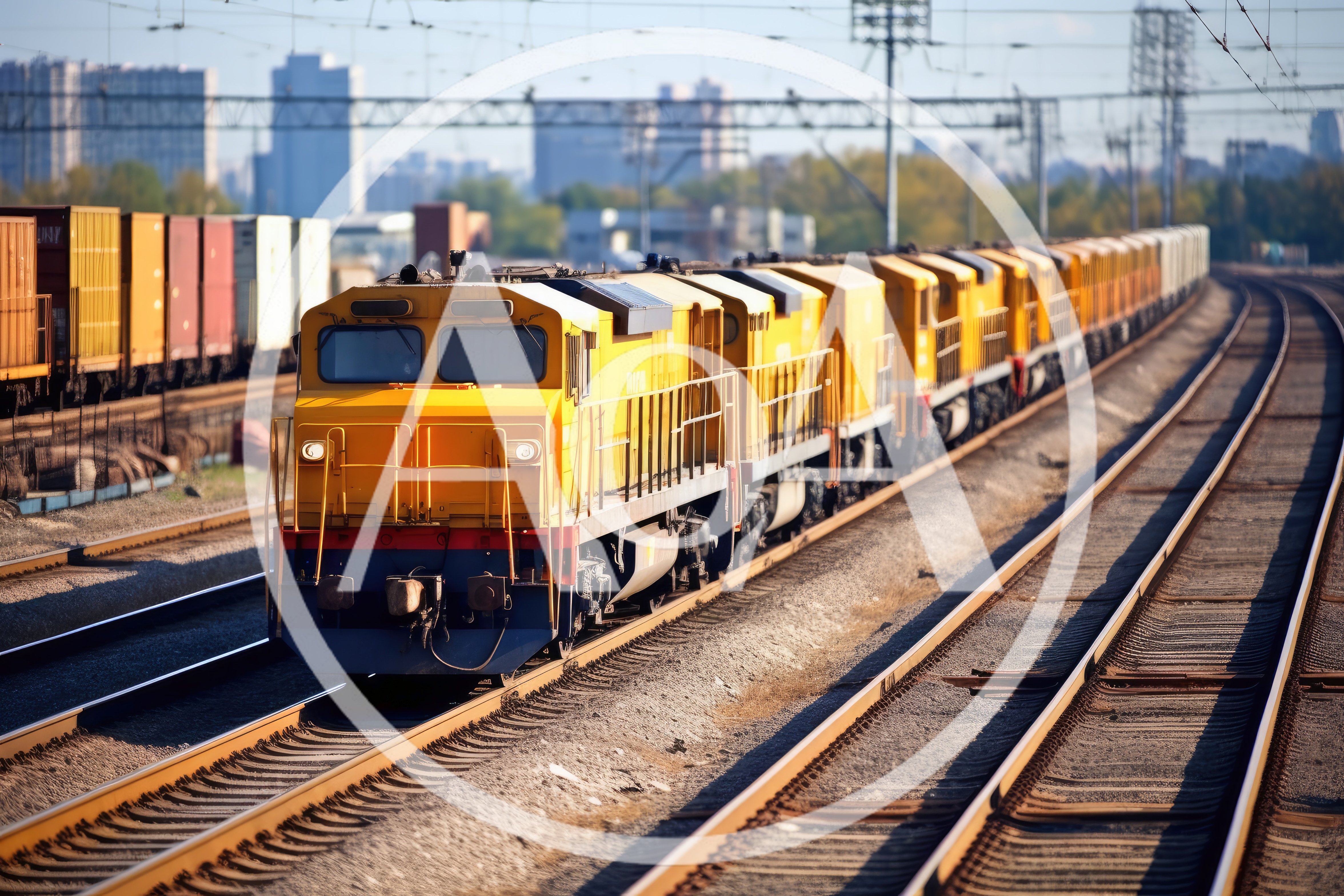 Yellow Freight Train Moving Along Industrial Railway Tracks