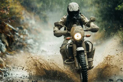 Motorcyclist Riding Through Muddy Water In Rain