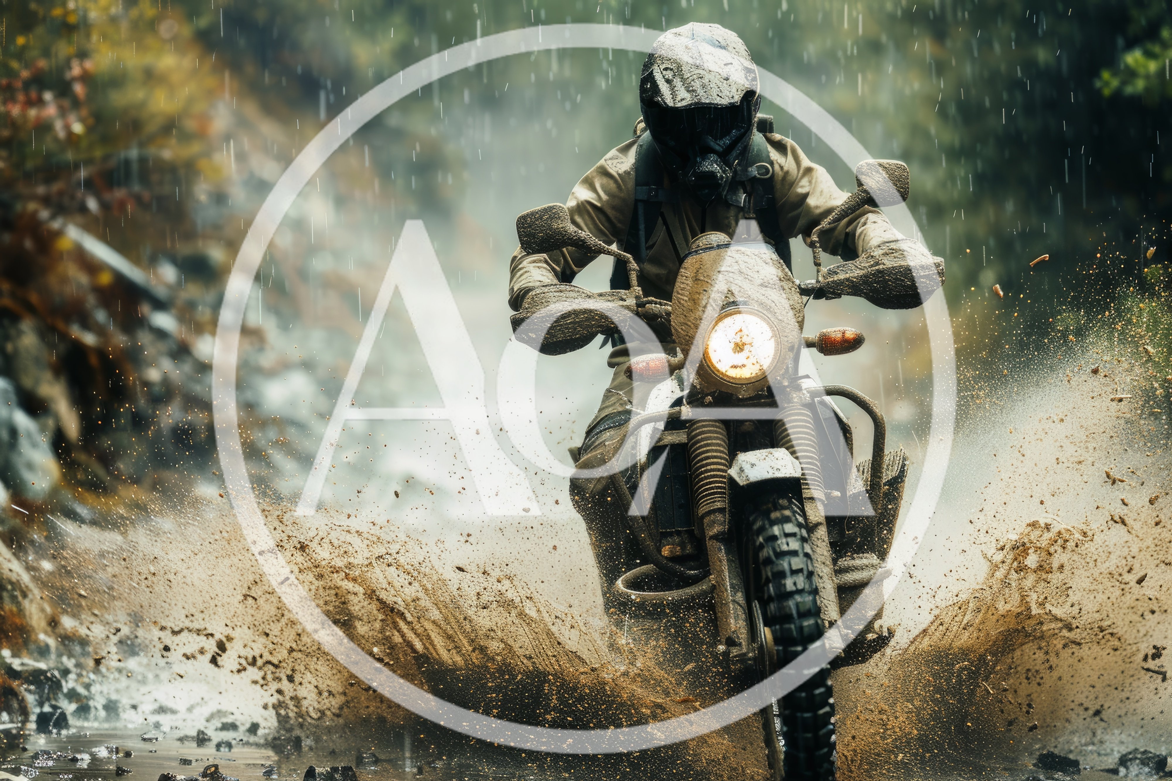 Motorcyclist Riding Through Muddy Water In Rain