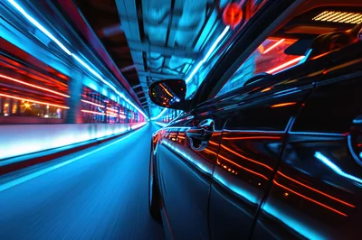 Black Car Driving Through A Neon Lit Tunnel