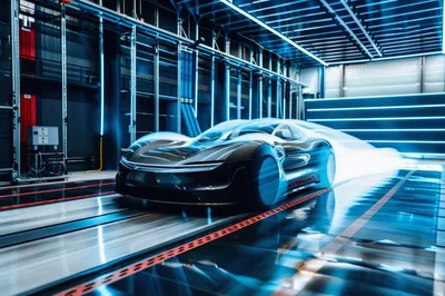 Futuristic Concept Car In High Tech Wind Tunnel
