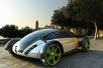 Futuristic Solar Powered Concept Car In Urban Setting