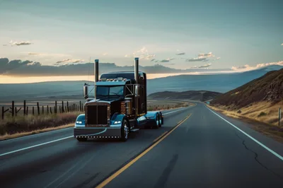 Semi Truck Driving Along A Scenic Highway At Sunset