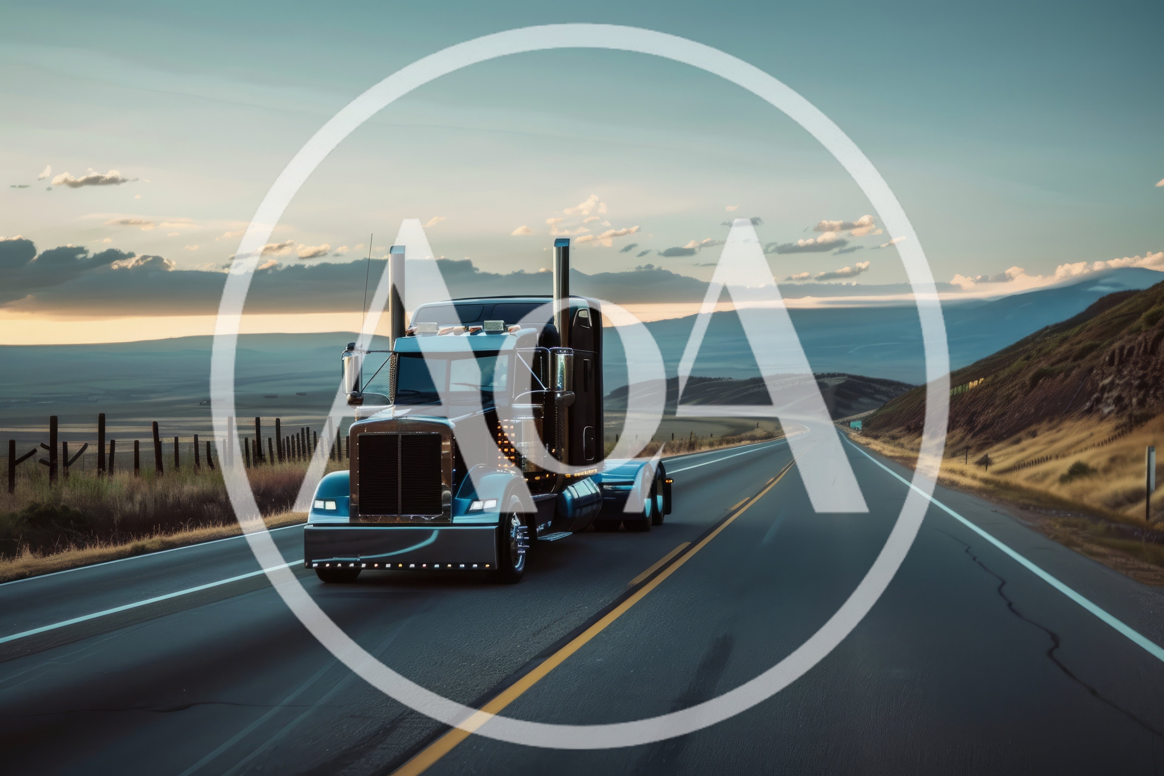 Semi Truck Driving Along A Scenic Highway At Sunset