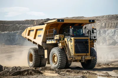 Large Yellow Mining Dump Truck Operating In Open Pit