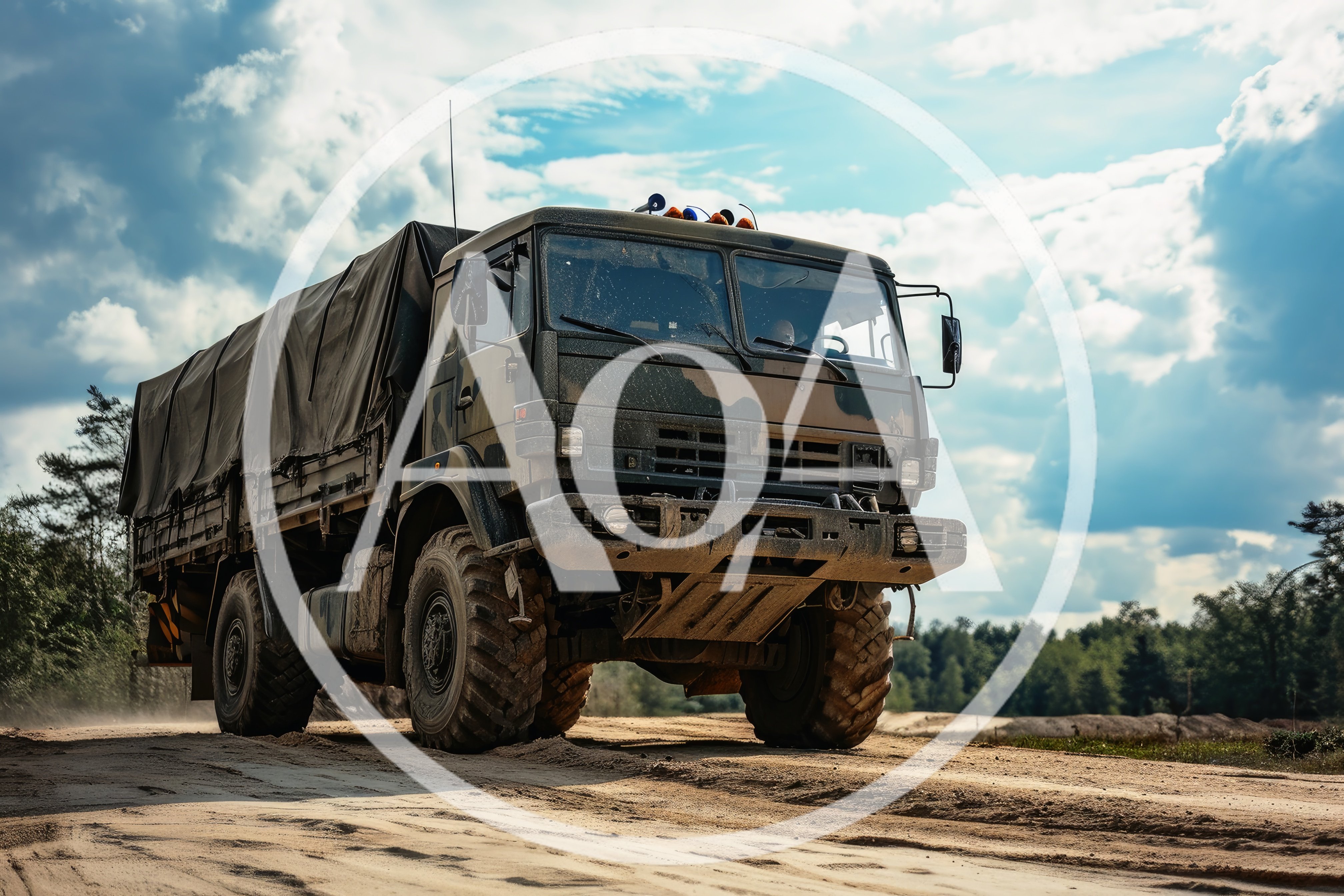 Military Cargo Truck Driving on Sandy Off-Road Terrain