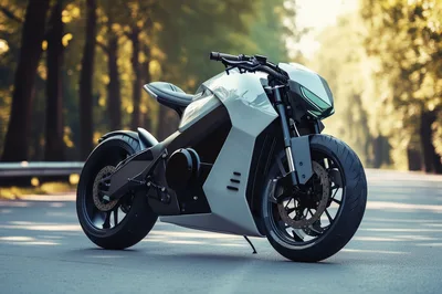 Futuristic Electric Sportbike Parked On A Forest Road