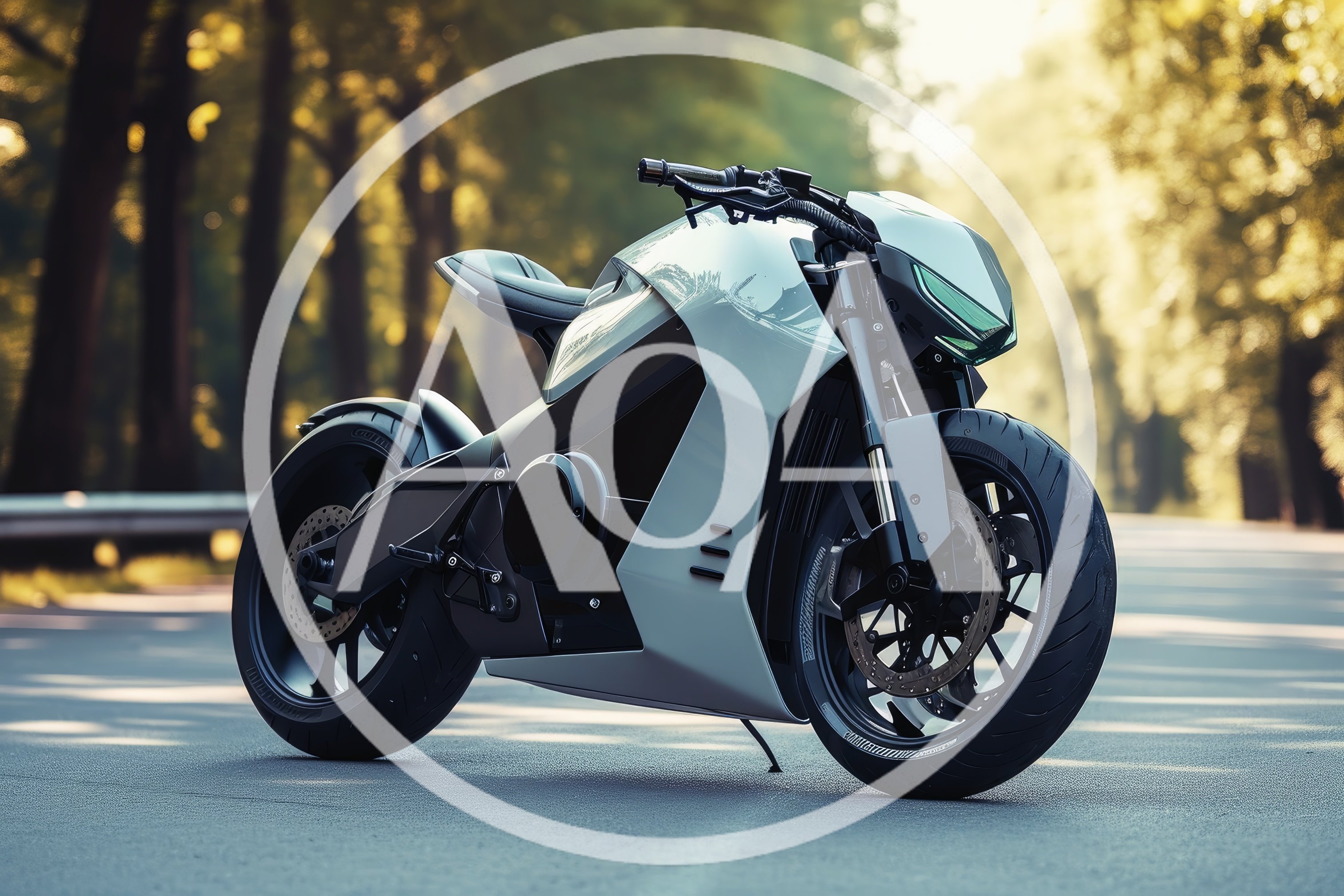 Futuristic Electric Sportbike Parked On A Forest Road