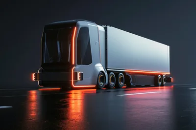 Futuristic Autonomous Electric Semi Truck On Dark Road