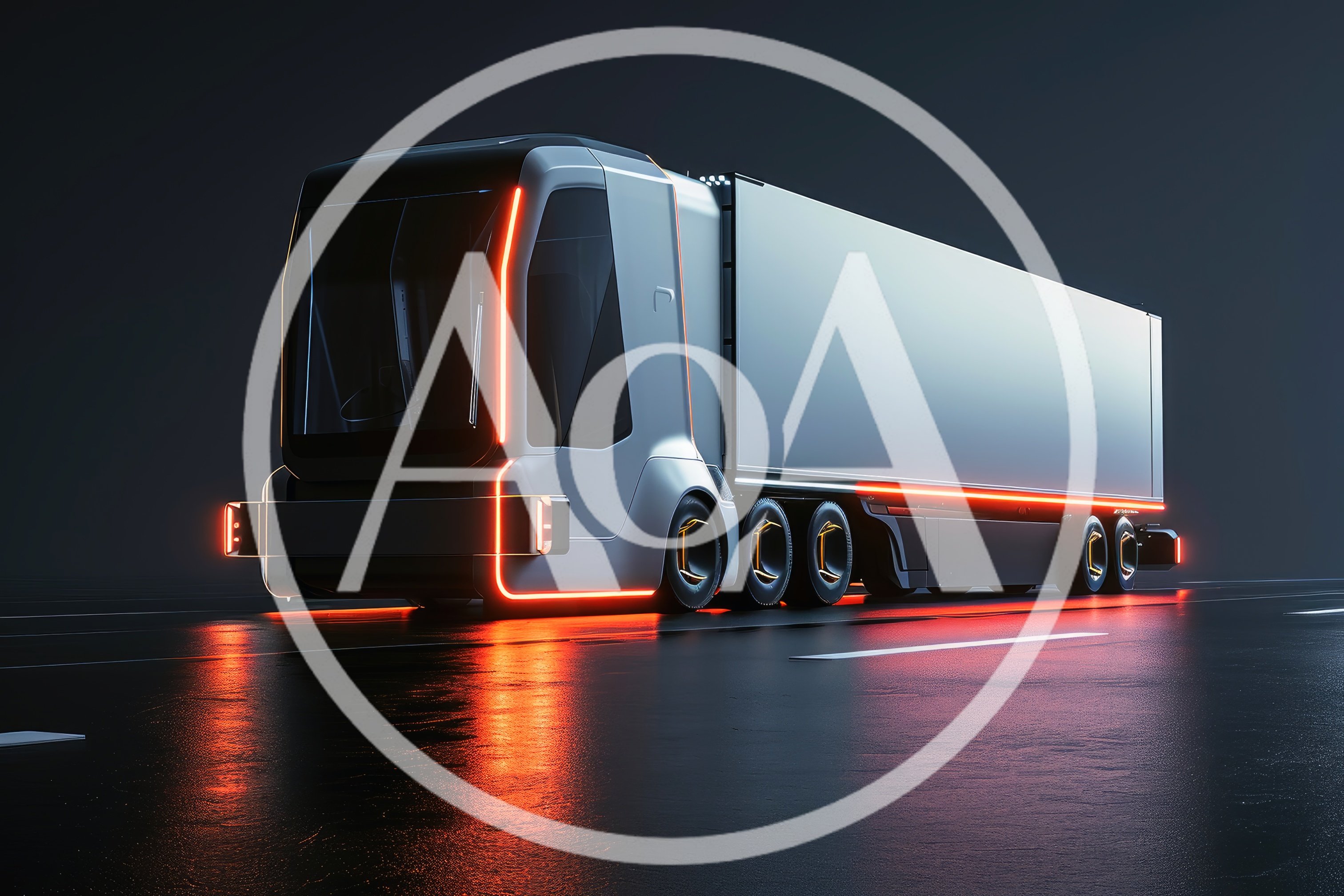 Futuristic Autonomous Electric Semi Truck On Dark Road