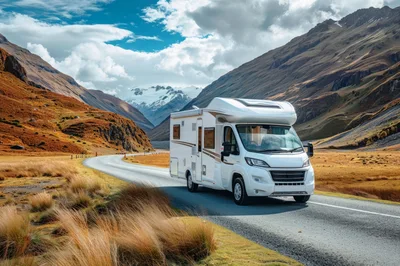 White Motorhome Driving Along A Scenic Mountain Road