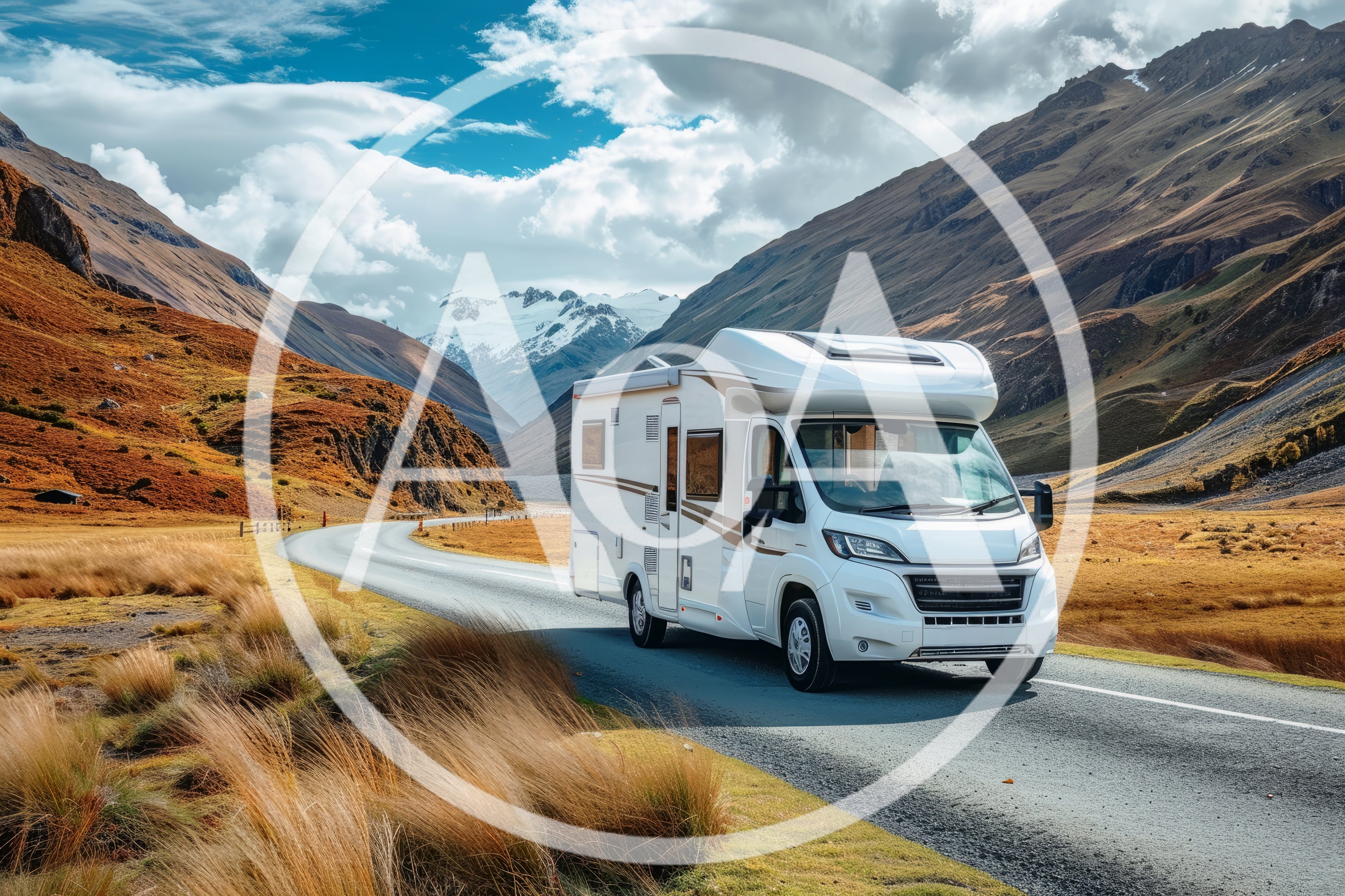 White Motorhome Driving Along A Scenic Mountain Road