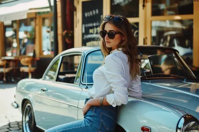 Stylish Woman Leaning Against A Vintage Classic Car