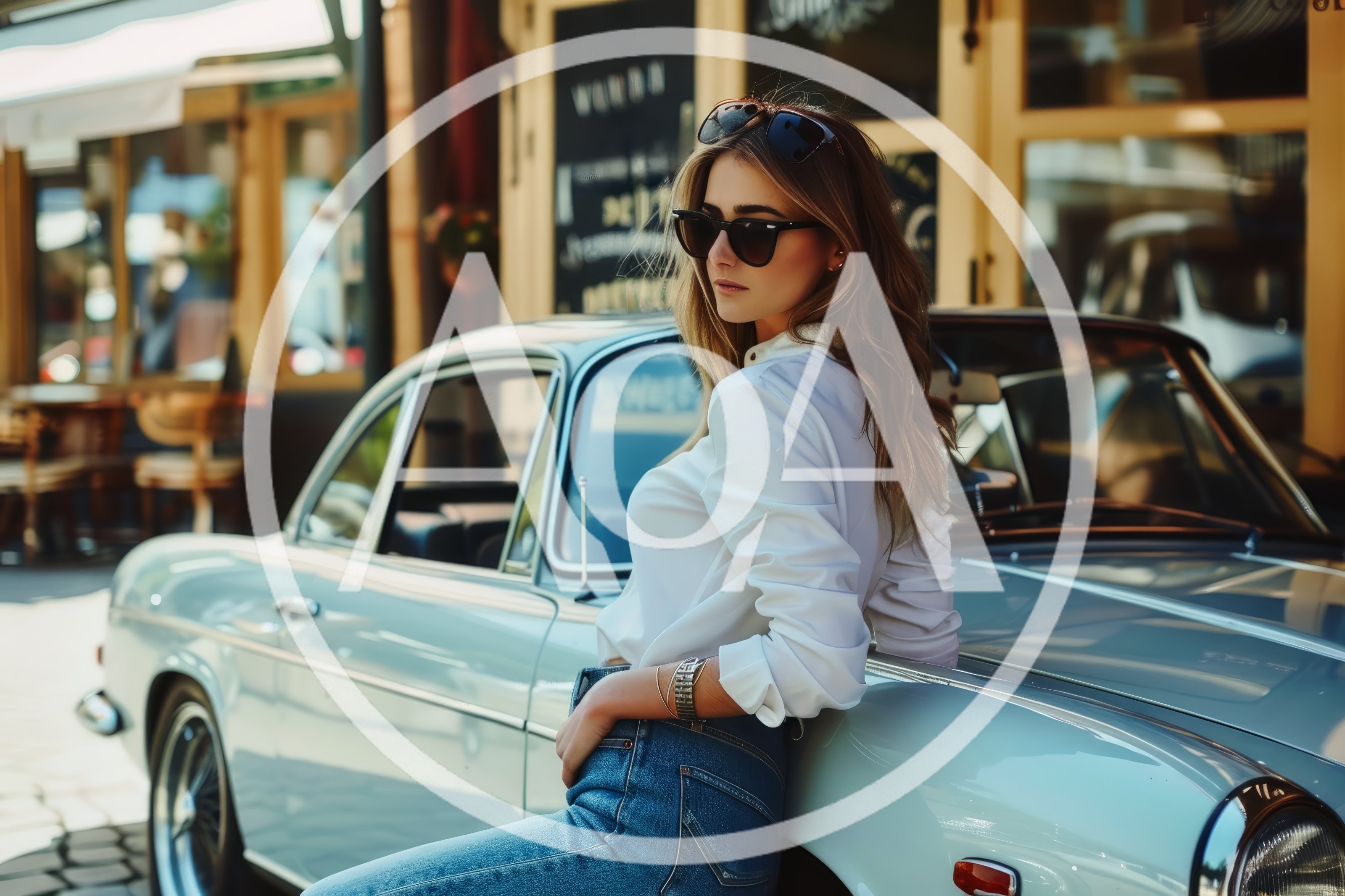 Stylish Woman Leaning Against A Vintage Classic Car
