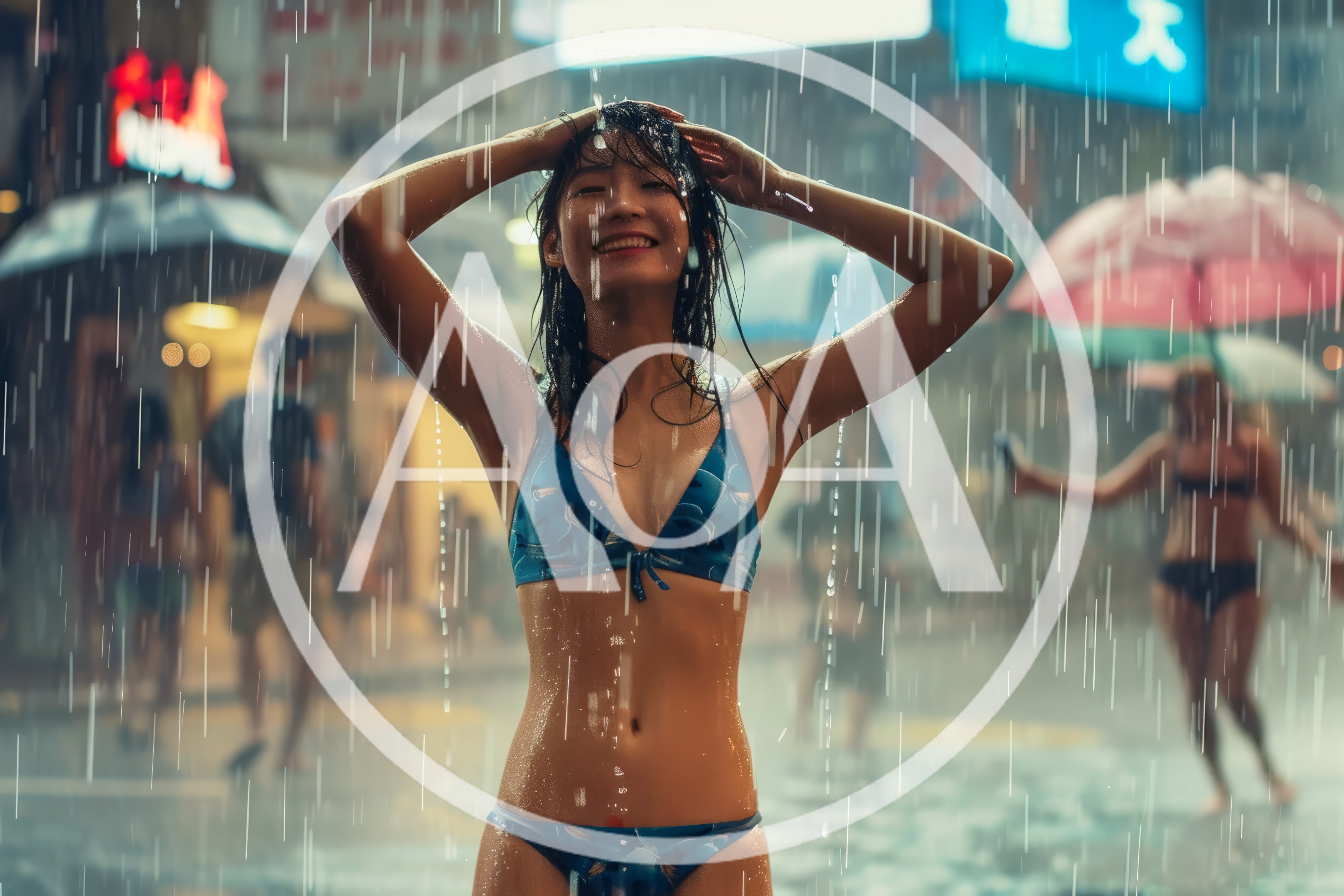 Young Woman Enjoying Rain in City Street