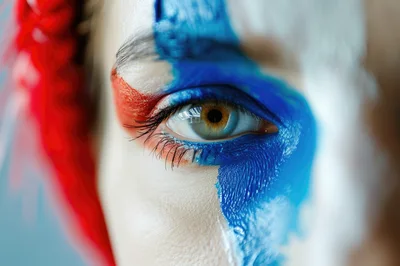 Extreme Close Up Of Human Eye With Patriotic Face Paint