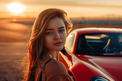 Young Woman Posing Beside A Red Sports Car
