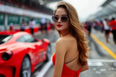 Fashionable Woman Posing Near Red Sports Car