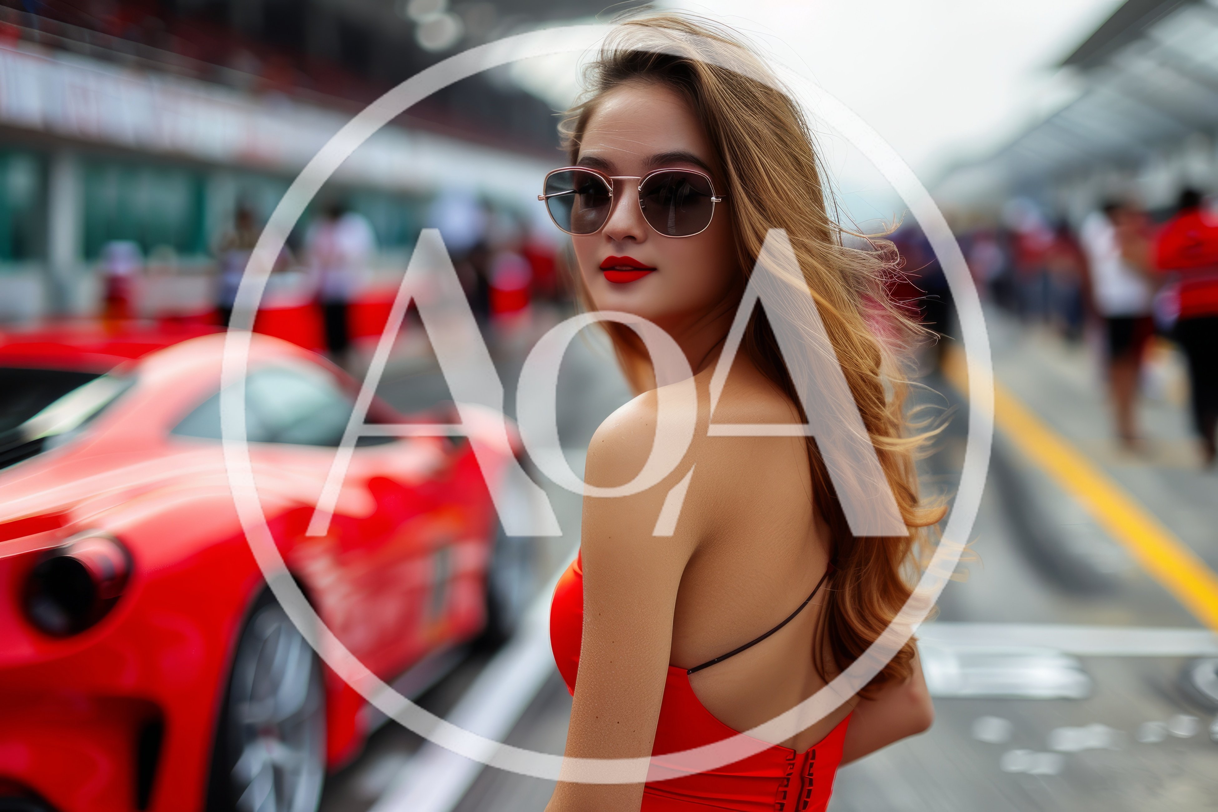 Fashionable Woman Posing Near Red Sports Car