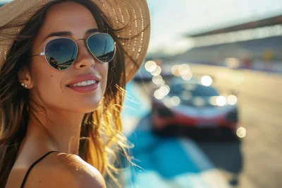 Smiling Woman Wearing Hat And Sunglasses At Racetrack