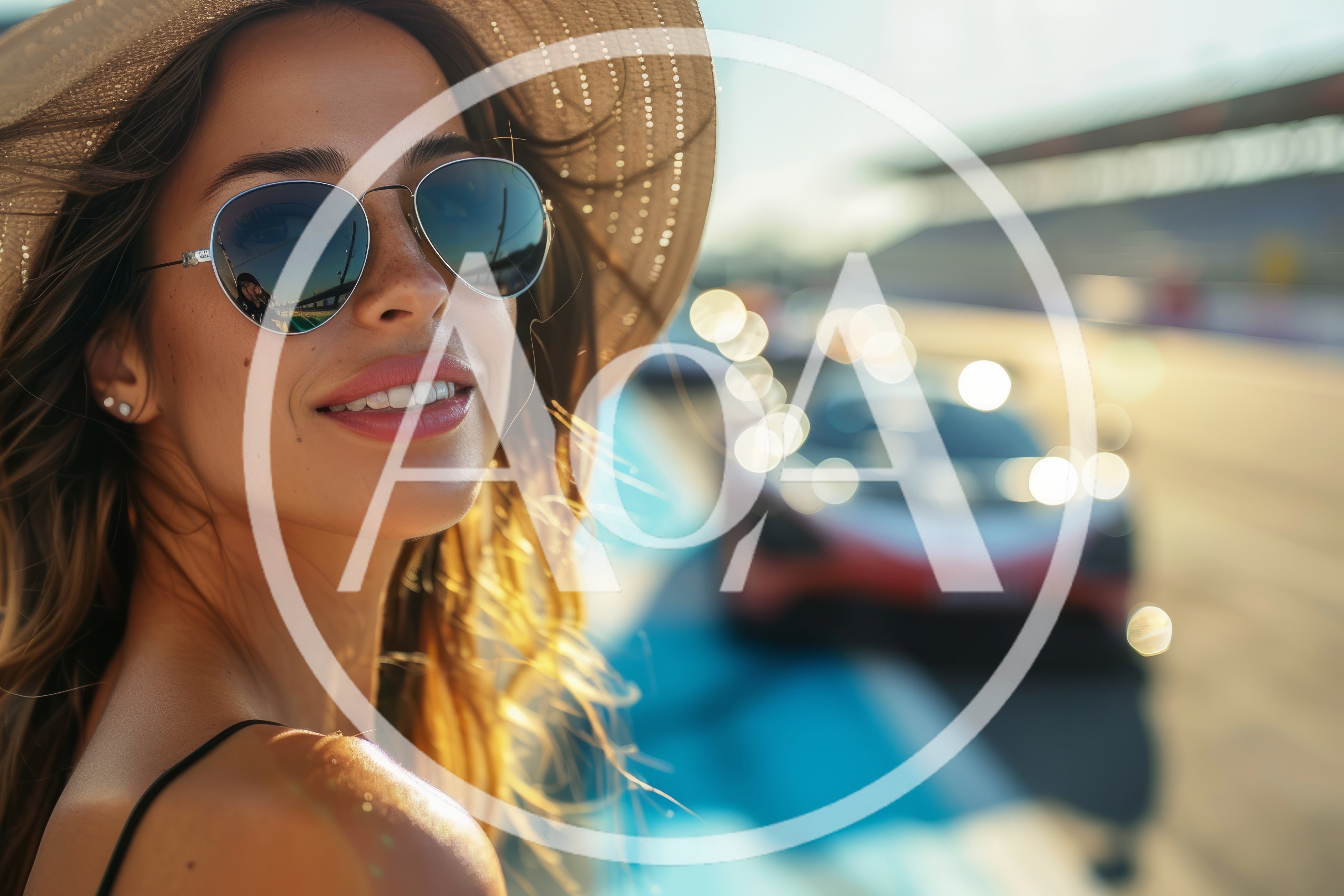 Smiling Woman Wearing Hat And Sunglasses At Racetrack