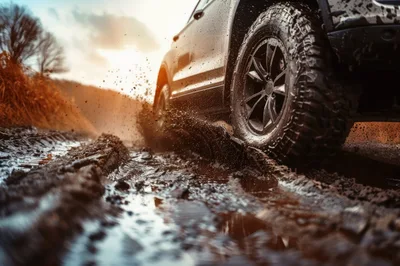 Off-Road Vehicle Driving Through Muddy Terrain
