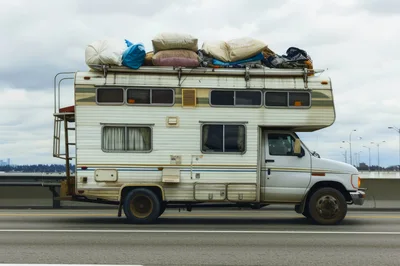 Old Camper Van Loaded With Luggage On Highway