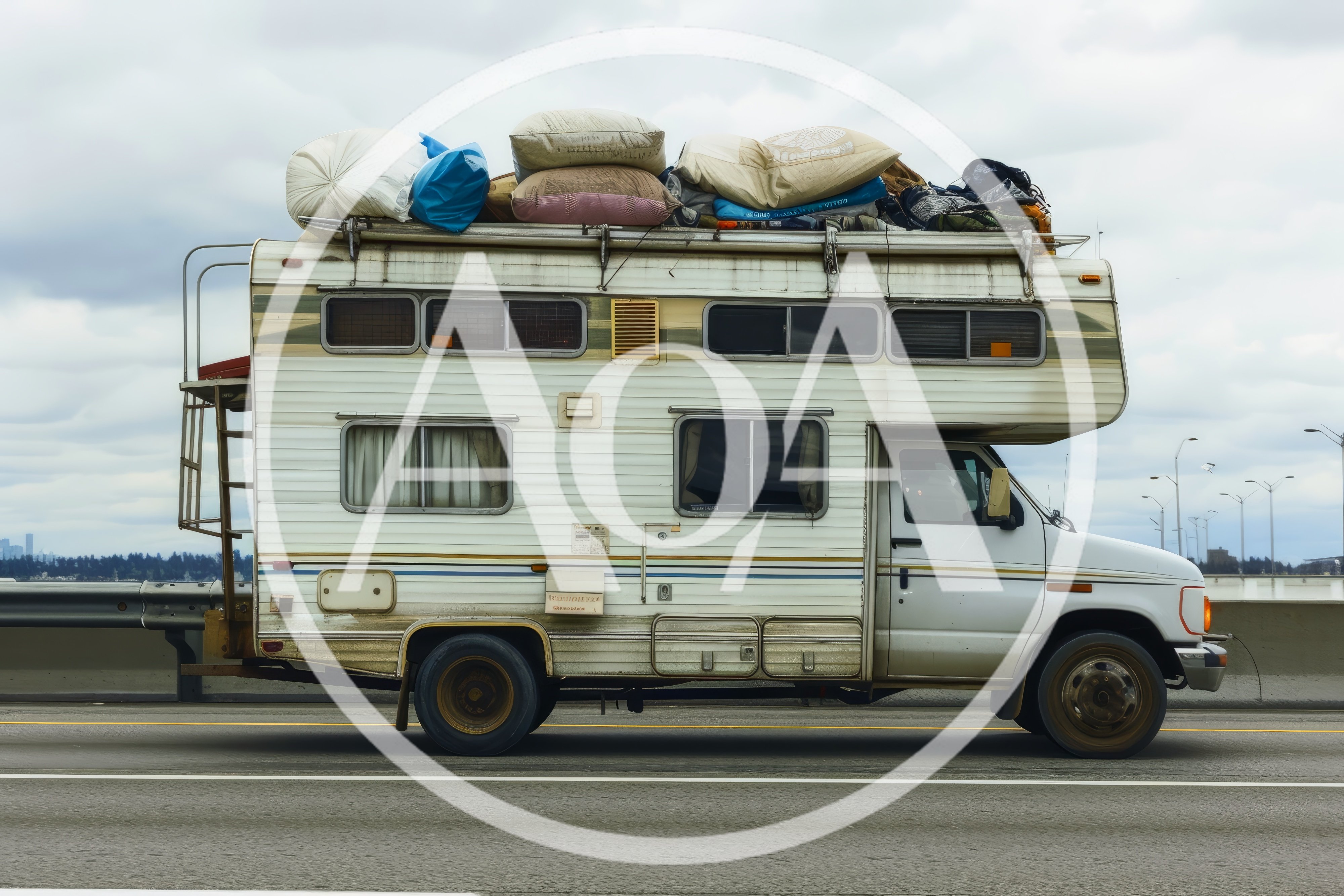 Old Camper Van Loaded With Luggage On Highway