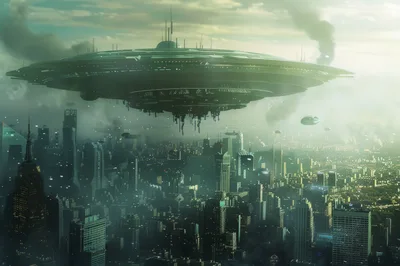 Massive Alien Mothership Hovering Over Futuristic Cityscape
